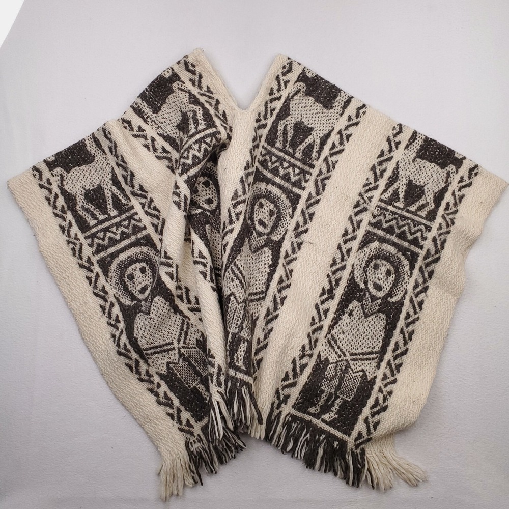 Mexican Poncho Womens One Size Cream Black Wool Southwestern Llama Peru Fringe‎
